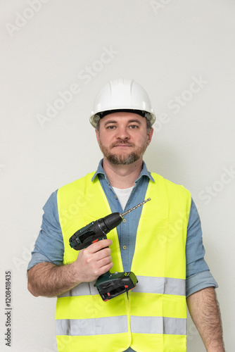 A construction worker wearing a white helmet and yellow vest holds a drill in a dynamic pose, expressing readiness, symbolizing skill and professionalism in construction tasks. free space photo