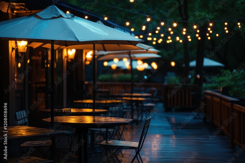 Cozy outdoor dining area illuminated by warm string lights during twilight hours Cozy outdoor dining area illuminated by warm string lights during twilight hours