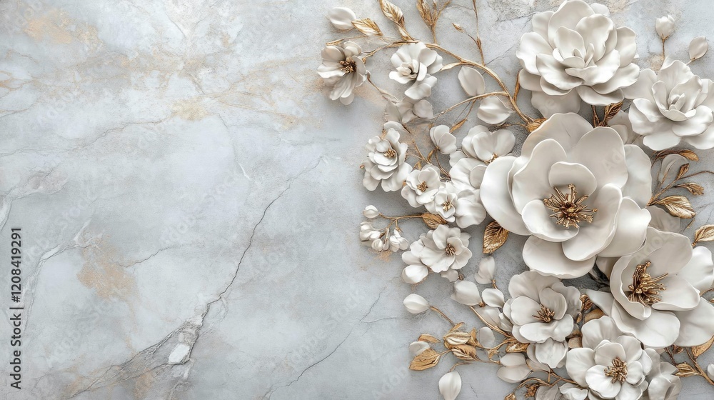 Elegant white gold floral arrangement marble background wallpaper design