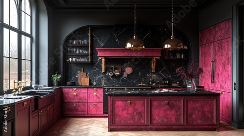 Dark red kitchen interior design, luxury home, marble backsplash, arched window view photo