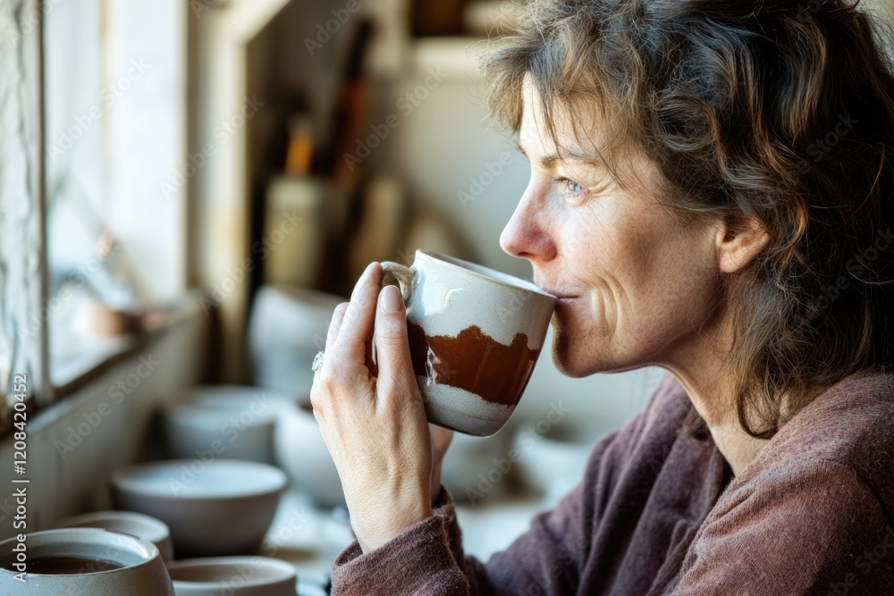 A woman sits in a cozy atmosphere, enjoying her morning coffee and natural light streaming through the window A woman sits in a cozy atmosphere, enjoying her morning coffee and natural light streaming through the window