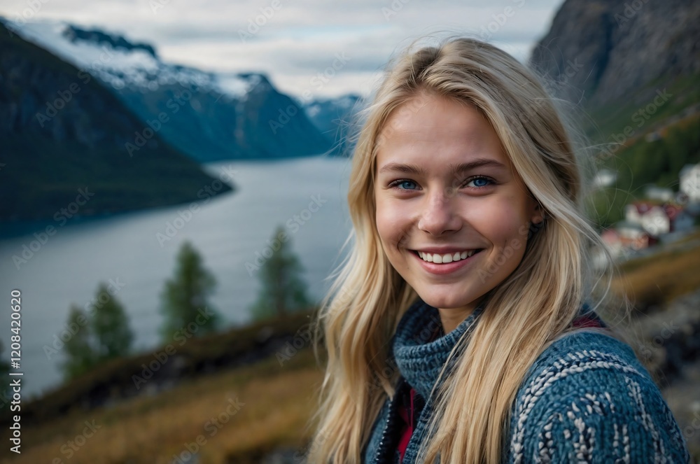 Portrait of a Norwegian girl, smiling, blonde with long hair and blue eyes against the background of Norwegian fjords