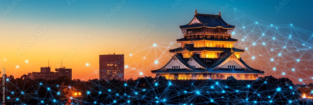 Fototapeta premium Historic Osaka Castle and Modern City Skyline at Twilight with Digital Network Overlay, Japan
