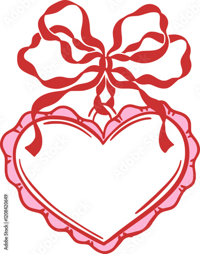 Heart shaped frame with pink trim and red ribbon bow. Hand drawn outline vector illustration. Love, romance, and Valentine's Day concept