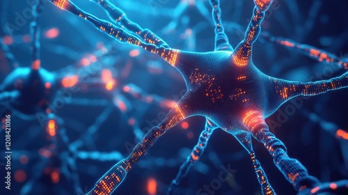 Neurons interconnected with vibrant blue and orange signals illu