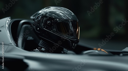 Arafed helmet displayed prominently on a motorcycle against a sleek black background, highlighting its design and craftsmanship. photo