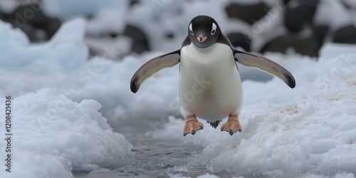 A penguin standing in snowy environment