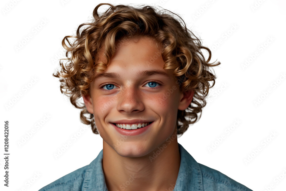 Portrait of a smiling teenager, a 14-year-old blond man with blue eyes and curly hair, highlighted on a transparent background Portrait of a smiling teenager, a 14-year-old blond man with blue eyes and curly hair, highlighted on a transparent background