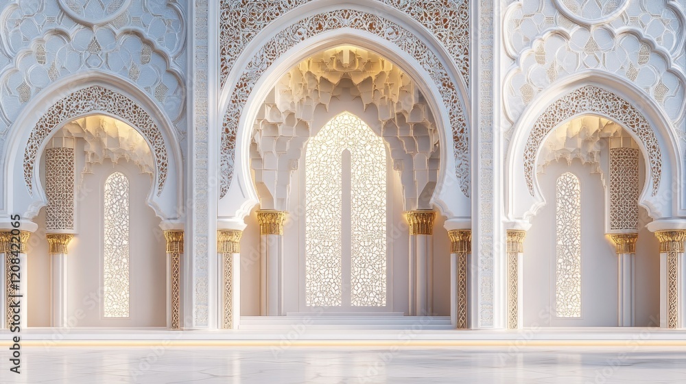 Fototapeta premium Illuminated Moroccan archway, palace interior, festive background, design template