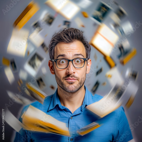a man surrounded by floating memories 