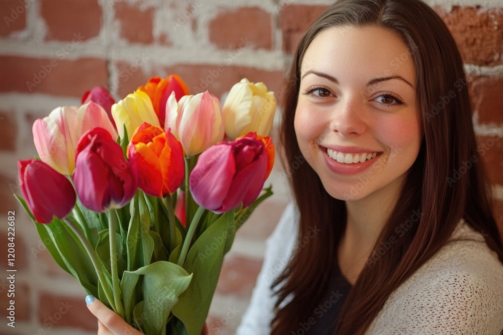 A woman holds a bouquet of flowers in front of a brick wall, simple and elegant scene A woman holds a bouquet of flowers in front of a brick wall, simple and elegant scene
