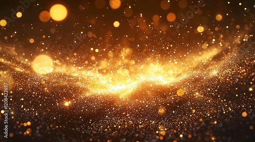 A radiant burst of golden light beams, glowing particles, and sparkling bokeh effects emanating from the center, creating a dynamic and ethereal scene.  photo