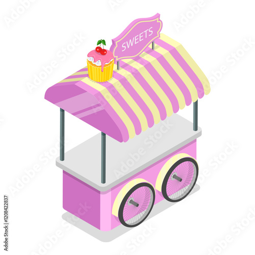 3D Isometric Flat Vector Illustration of Sweets and Ice Cream Wagons, Sweet Treats on Wheels. Item 1