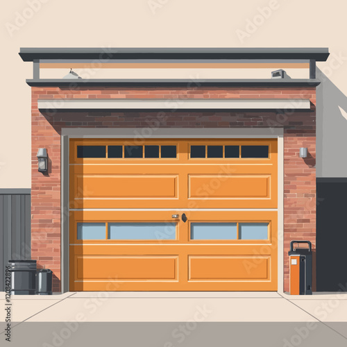 Garage door. Parking lot modern, metal and glass mechanism doors. Colorful architectural house elements. Warehouse for personal use. Color isolated drawings