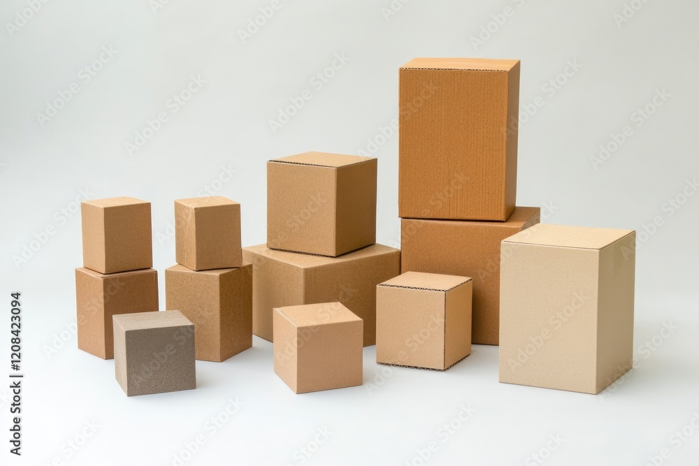 Fototapeta premium A pile of cardboard boxes stacked next to each other, often used as storage or shipping containers