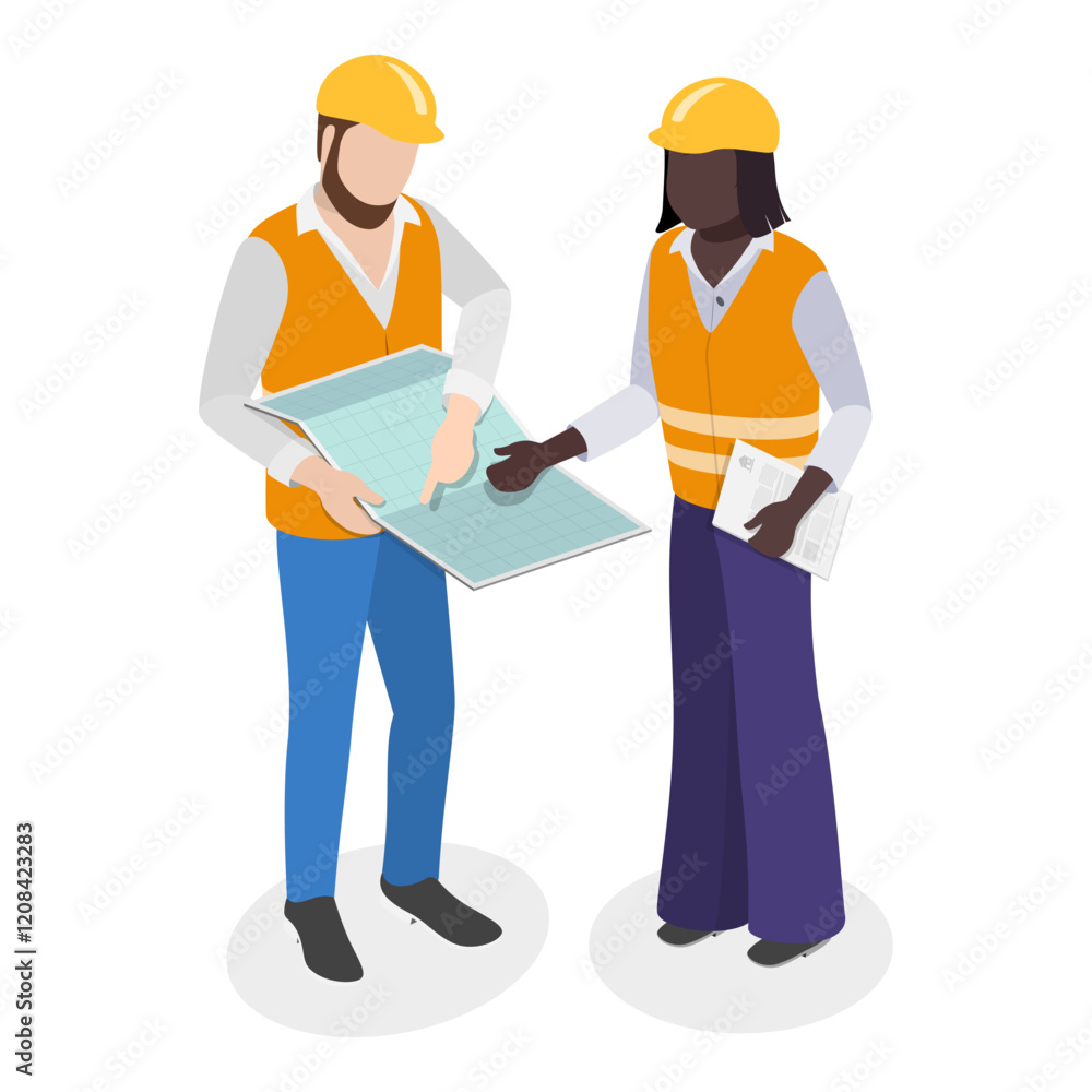 3D Isometric Flat Vector Illustration of Workers Construction Engineers, Construction Architects in Helmets with Tools and Blueprints.. Item 1 3D Isometric Flat Vector Illustration of Workers Construction Engineers, Construction Architects in Helmets with Tools and Blueprints.. Item 1