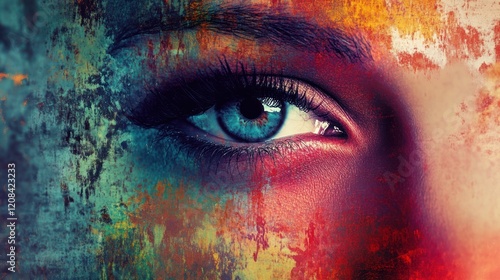 Abstract Art with Close-up of a Blue Eye and Colorful Paint Strokes