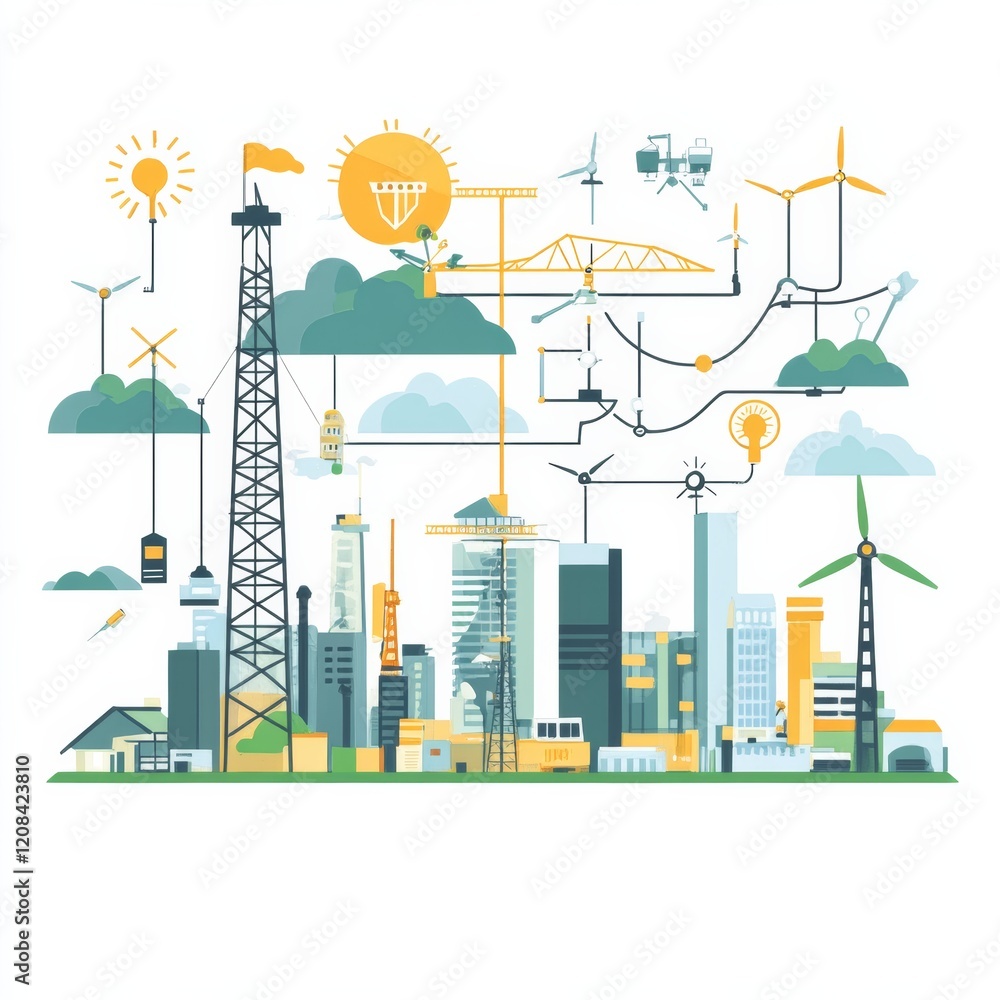 Obraz premium Smart grid construction and city connection, green energy, flat illustration, white background