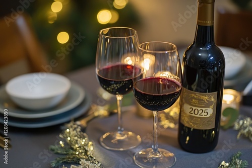 Wallpaper Mural Two glasses and a bottle of wine on a table, perfect for an evening in or special occasion Torontodigital.ca