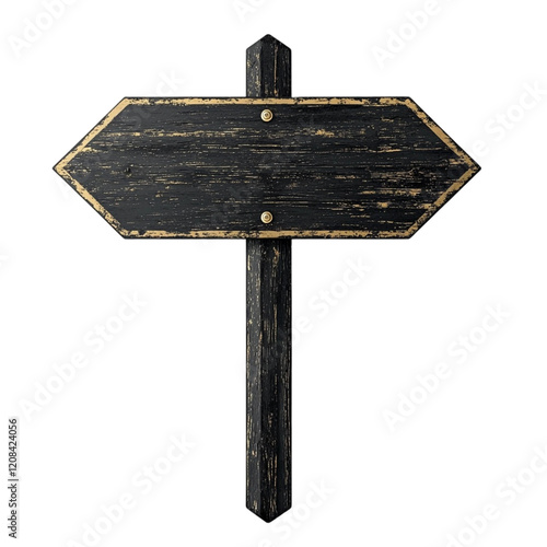 Black Wooden Directional Signpost Rustic Vintage Style Blank Arrow Pointer Aged Weathered Dark Gold Border, Transparent Background     photo