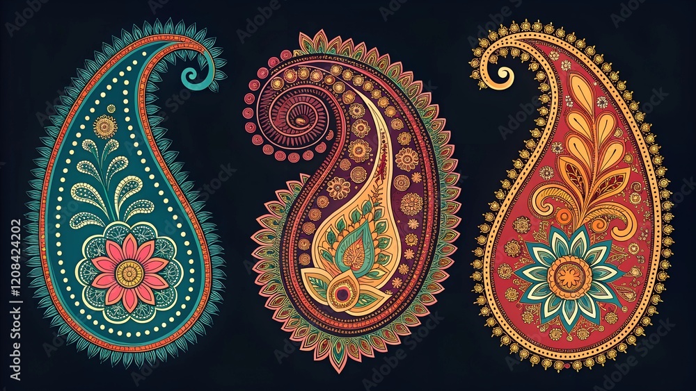 Obraz premium This is a decorative and vibrant illustration featuring three distinct paisley designs