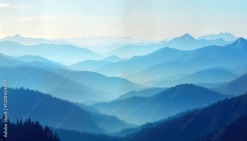 Misty mountain range with soft blue gradient colors. Layers of hills, valleys. Suggests peaceful serene morning dawn view. Deep blue colors add drama to nature scene. View from high altitude.
