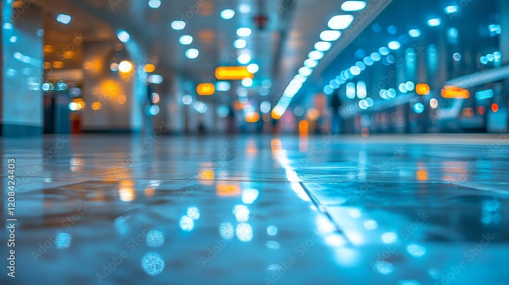 Fototapeta premium Empty Subway Platform, Reflections of Lights, Modern Architecture, Urban Transit, Cool Tones