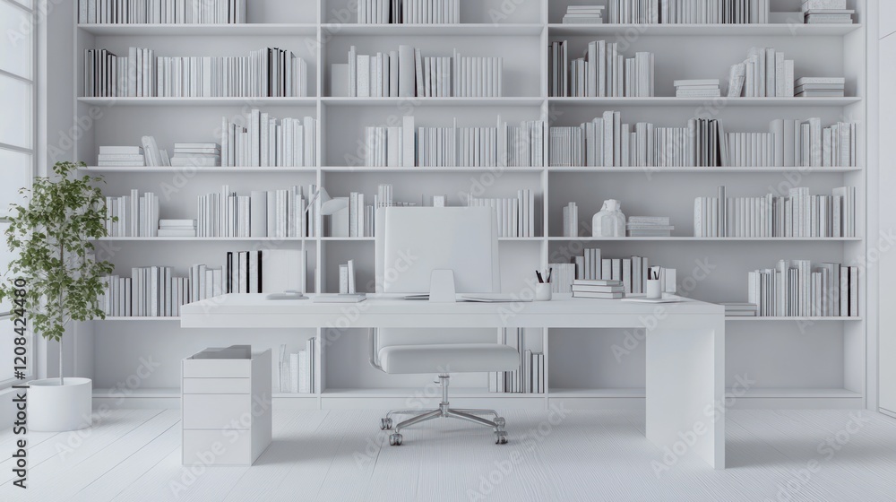 Minimalist White Home Office with Bookshelf and Desk Minimalist White Home Office with Bookshelf and Desk