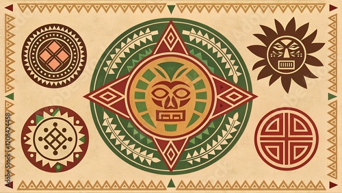 This is a decorative and stylized image featuring a collection of ethnic and tribal-inspired symbols arranged against a light beige background