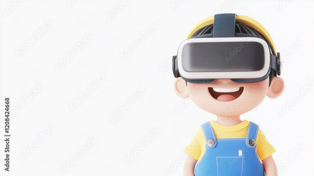 VRヘッドセットを着けた3Dイラストの日本人男の子 VRヘッドセットを着けた3Dイラストの日本人男の子