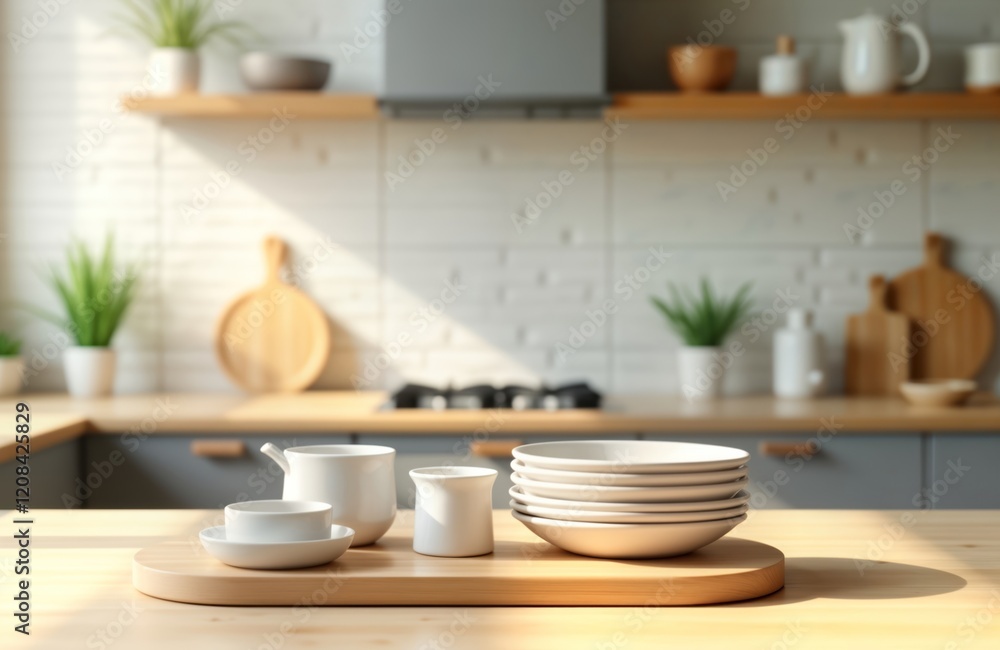 Kitchen theme product presentation on wooden tray with blurred background. White dishes, cups displayed. Modern, minimal design. Empty podium for displaying kitchenware. Showcase for kitchen Kitchen theme product presentation on wooden tray with blurred background. White dishes, cups displayed. Modern, minimal design. Empty podium for displaying kitchenware. Showcase for kitchen