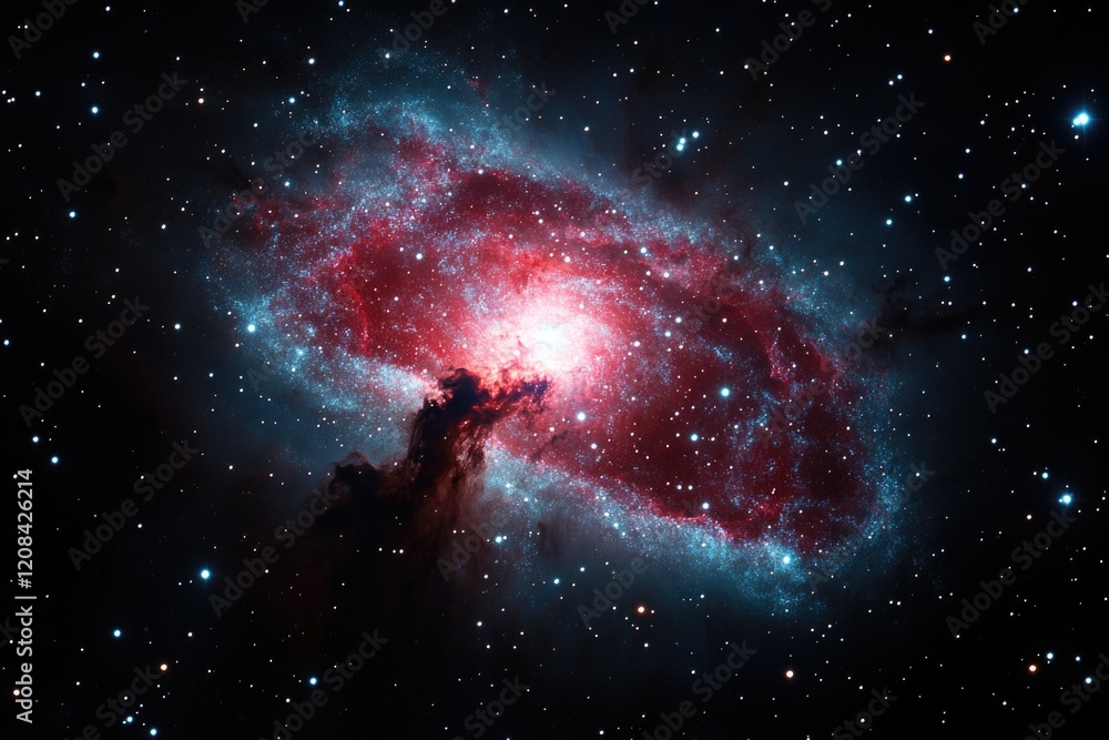 Obraz premium A vibrant galaxy with red and blue hues and shining stars in the background