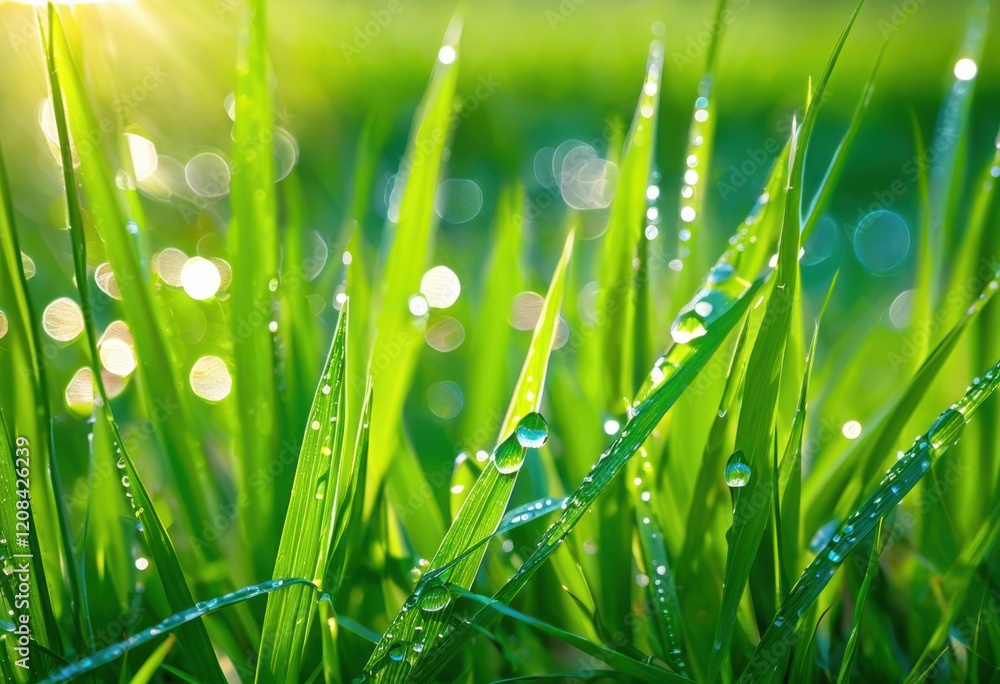 Fototapeta premium vibrant close dew kissed green grass showcasing morning sparkle freshness radiant details, dewdrop, leaf, nature, plant, closeup, macro, garden, spring