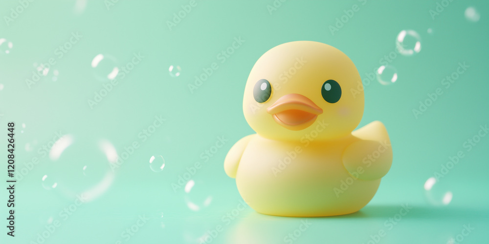 A yellow rubber duck is sitting on a green background A yellow rubber duck is sitting on a green background