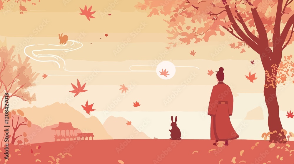 Fototapeta premium Mid Autumn Celebration with Chinese Man and Rabbit in Flat Vector Illustration