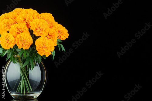Wallpaper Mural Elegant marigold bouquet in glass vase on black background, vibrant floral contrast and botanical still life Torontodigital.ca