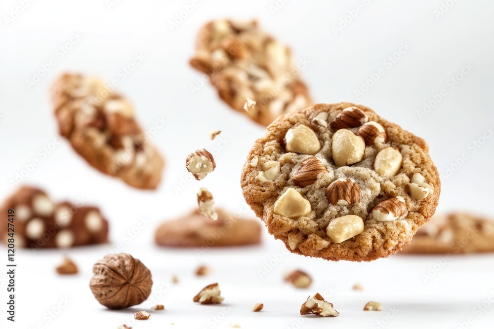 A close-up shot of a cookie with nuts, ideal for food or baking related uses A close-up shot of a cookie with nuts, ideal for food or baking related uses