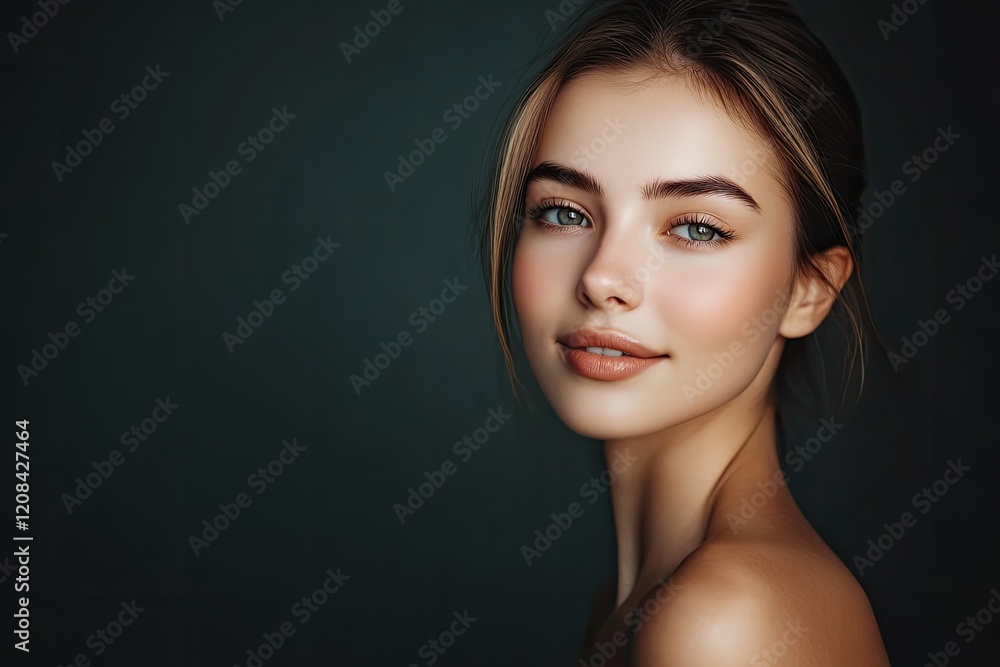Soft lighting highlights serene expression and natural beauty in Soft lighting highlights serene expression and natural beauty in