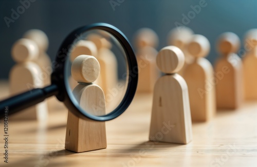 Magnifying glass focuses on wooden figure candidate. Recruitment process symbolized. HR department selects candidate. Talent search concept. Meticulous assessment of candidate. Hiring process. photo