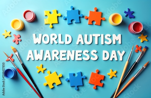 World Autism Awareness Day concept photo. Colorful jigsaw puzzles, paintbrushes arranged on light blue background. Message World Autism Awareness Day written in white letters. Highlights support, photo