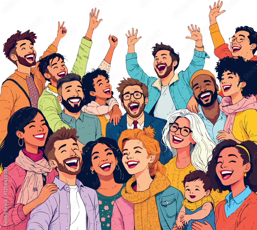 Diverse crowd of people raising hands and laughing together Diverse crowd of people raising hands and laughing together