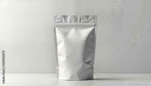 Blank white ziplock packaging bag mockup on gray background. Product packaging design template. Realistic illustration suitable for various products like snacks, food, personal care items. Versatile