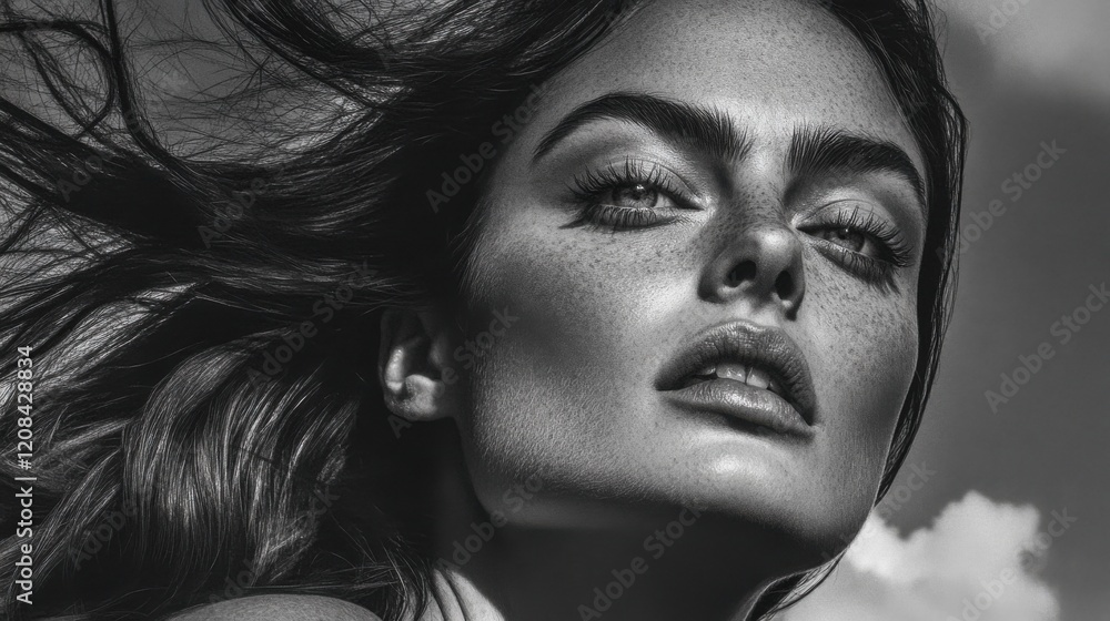Fototapeta premium A stunning black and white portrait captures a close-up view of a model with expressive eyes and freckles, evoking deep emotions and showcasing raw beauty.