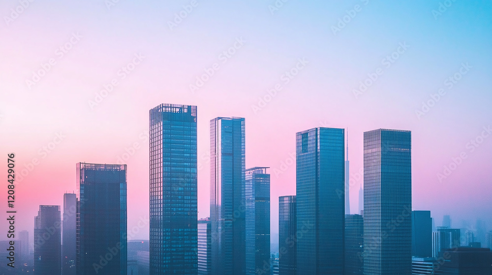 Fototapeta premium A tranquil minimalist city skyline at sunrise, showcasing geometric skyscrapers awash in gentle pastel tones, reflecting modern design and serene urban vibes.