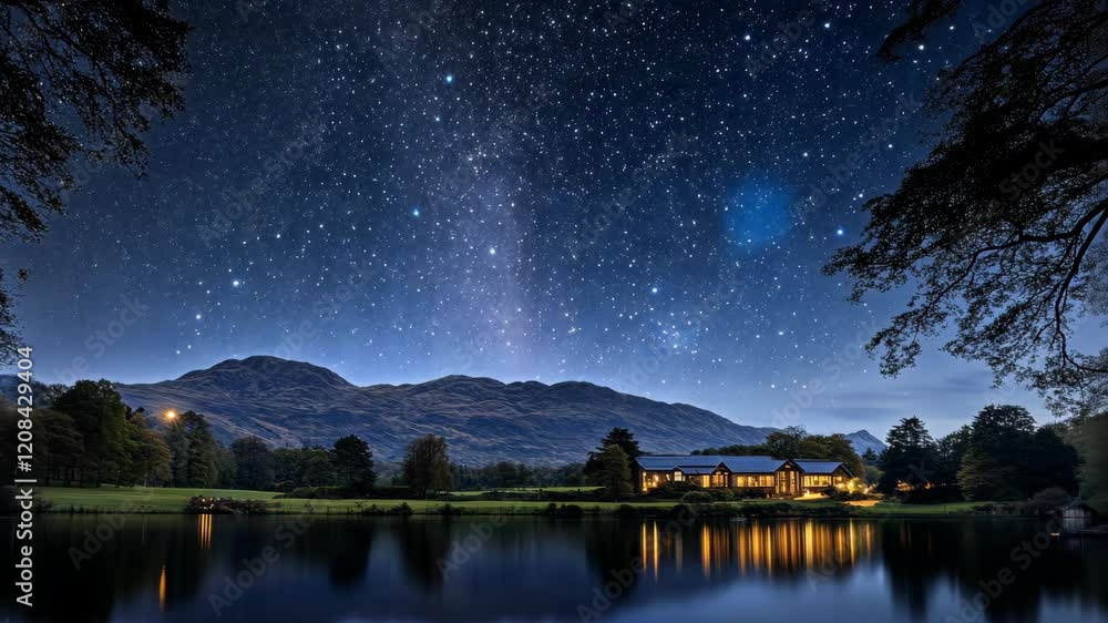 Starry night sky over a tranquil lake with a mountain backdrop and illuminated building reflecting on the water surface Starry night sky over a tranquil lake with a mountain backdrop and illuminated building reflecting on the water surface