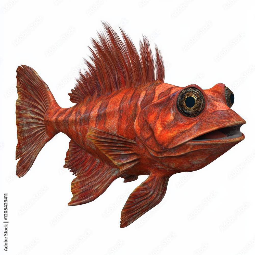 Fototapeta premium Reddish-orange fish, frog-like face, spiky dorsal fin.