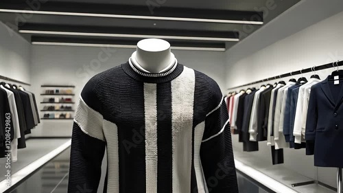 Modern Fashion Store Interior with a Black and White Striped Sweater Displayed on a Mannequin in Focus

 photo