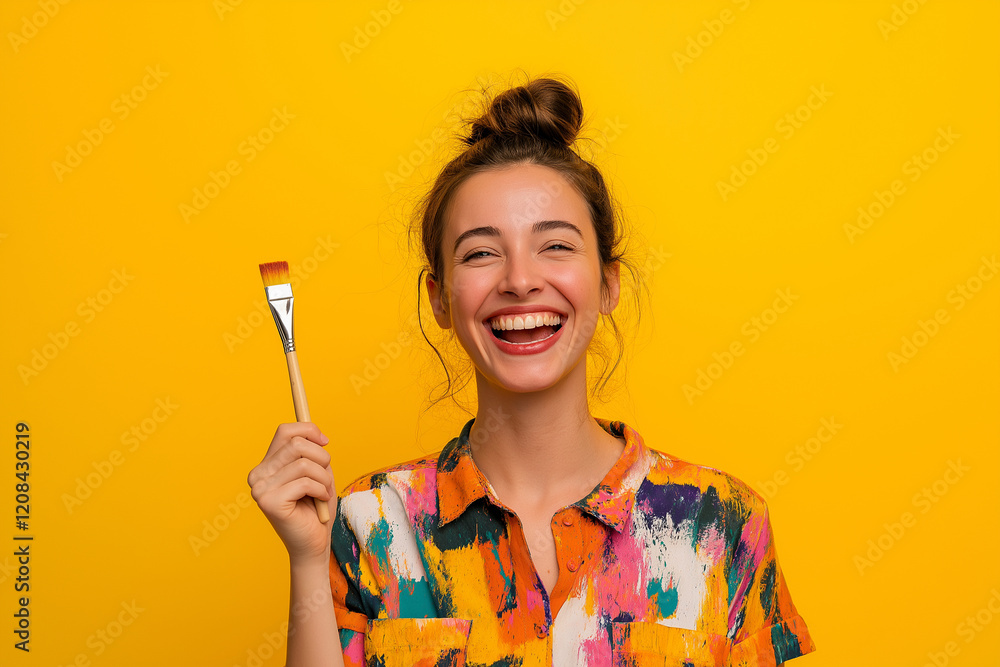A woman is holding a paintbrush and smiling A woman is holding a paintbrush and smiling