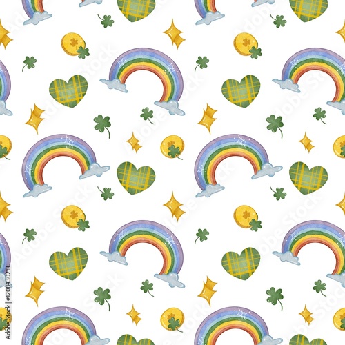 Watercolor seamless pattern with various elements, coins, printed hearts and clover on a white background. Colorful pattern for St. Patrick's Day