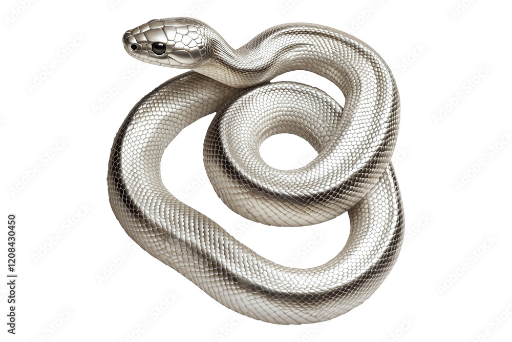 Fototapeta premium Coiled silver snake sculpture with detailed scales isolated on white transparent background, reptiles or wildlife, symbolizing Chinese Lunar New year